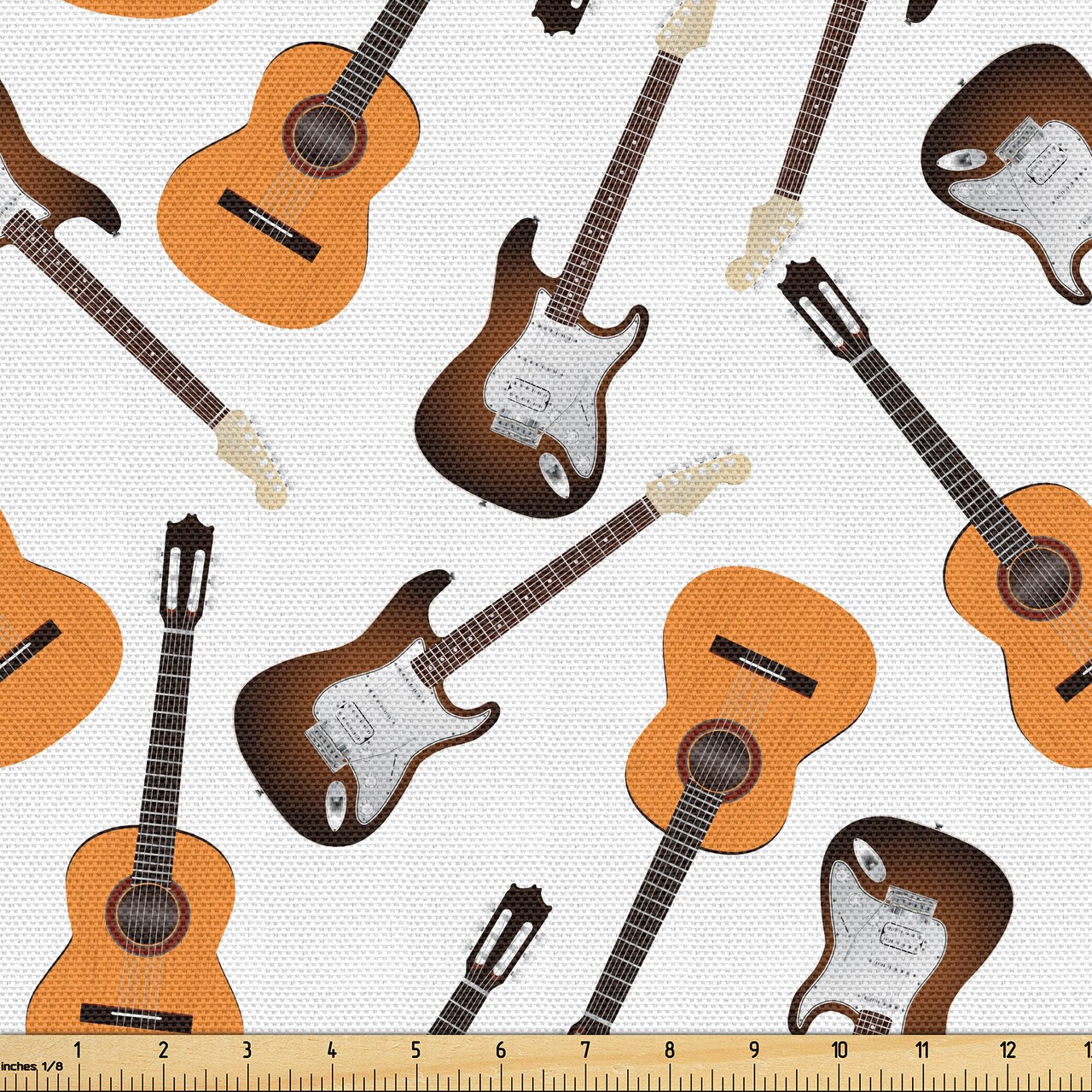 Ambesonne Guitar Fabric by The Yard, Realistic Illustration Classic and Electric Instruments Entertainment, Decorative Fabric for Upholstery and Home Accents, 10 Yards, Orange White